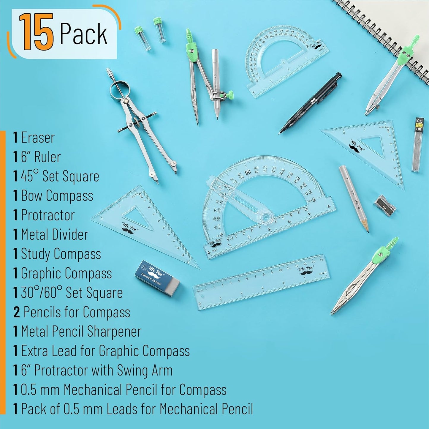 Mr. Pen- Geometry Set, 15 pcs, Green, 6 Inch Swing Arm Protractor, Divider, Set Squares, Ruler, Compasses and Protractor