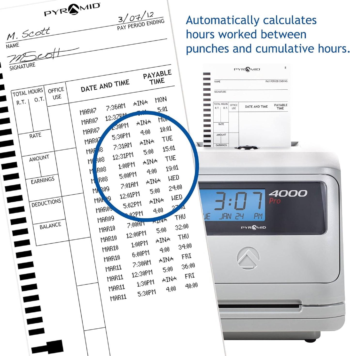 Pyramid Time Systems - Model 4000 Pro Auto Totaling Time Clock [ 4000PROK ] for Small Business, Bundle Includes: 125 Time Cards,2 Ink Ribbon cartridges, 1 Ten Time Card Rack, 2 Security Keys