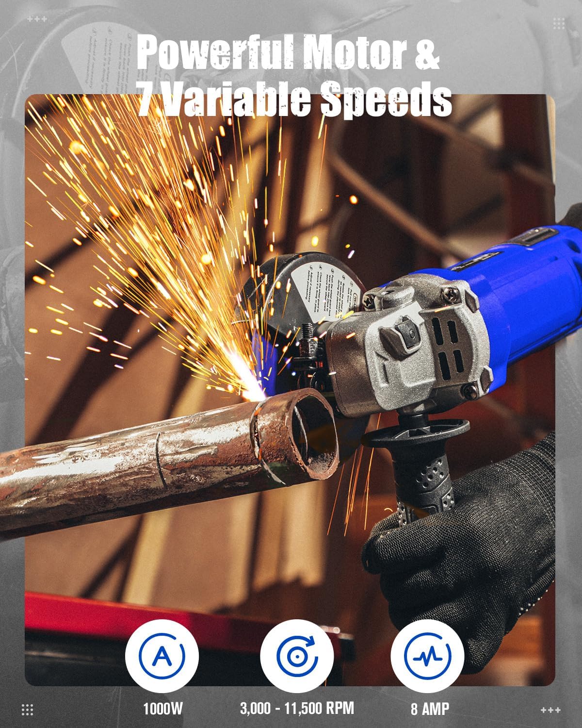 AVID POWER Angle Grinder 4-1/2 Inch 8.0 Amp 1000W Electric Grinder Tool 7-Variable-Speed Metal Grinder, 11,500 RPM, Paddle Switch with Lock-on Button, Cutting & Grinding Wheels and Side Handle - Blue