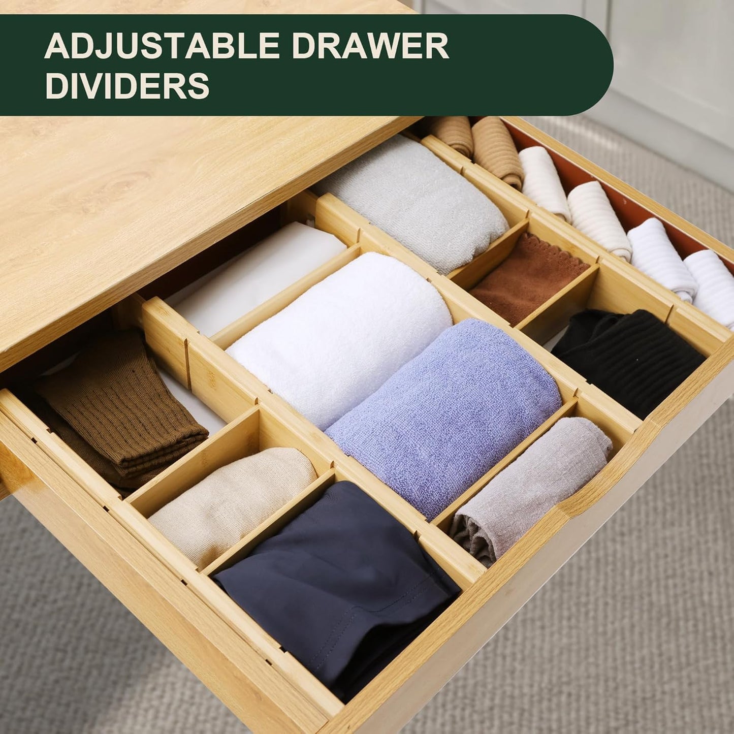 Utoplike 4 PCS Bamboo Kitchen Drawer Dividers with Inserts(Fits 15"-17.7" Drawer Inner Size), Adjustable Drawer Organizers for Socks, Spring Loaded, for Bedroom, Dresser, Bathroom