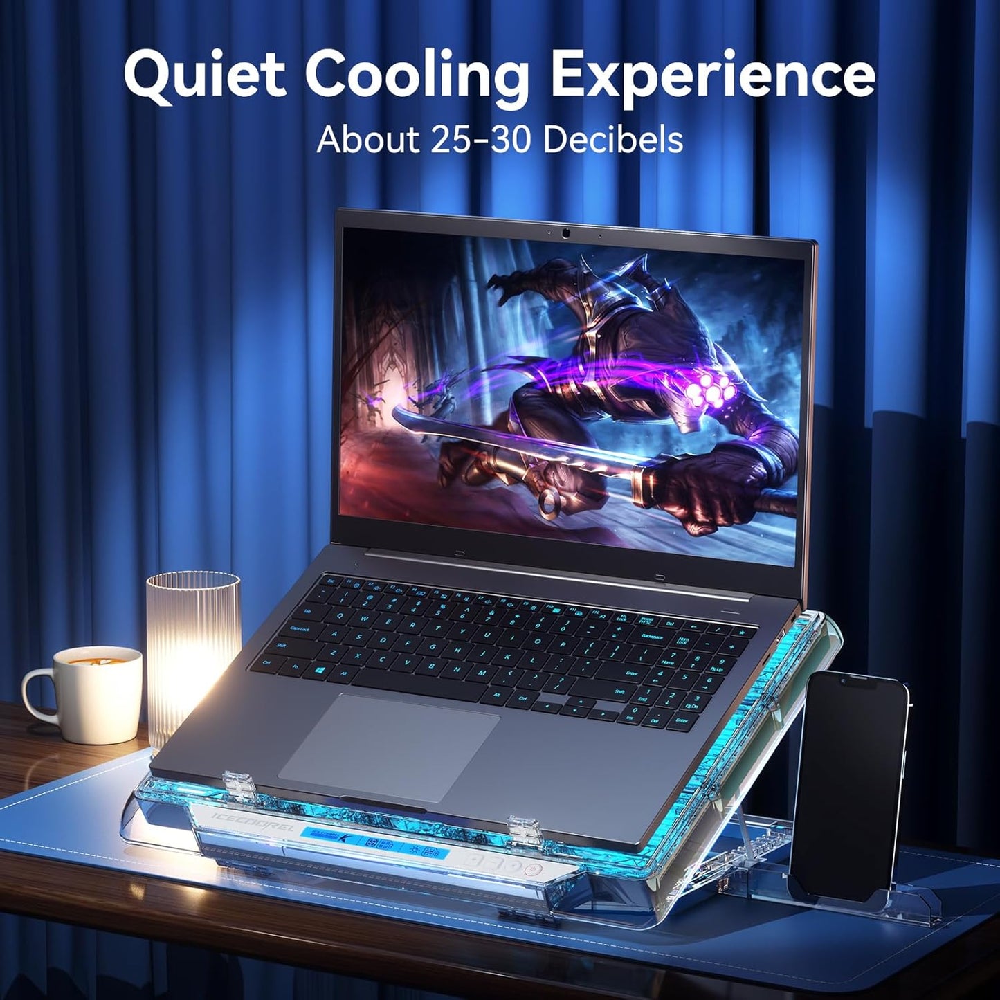 ICE COOREL Gaming Laptop Cooling Pad with 15 RGB Cooling Fans, Fully Transparent Laptop Fan Cooler Pad for 15-21 Inch, Gaming Laptop Cooler Stand with 8 Height Adjustable, USB Port and Type-C Port