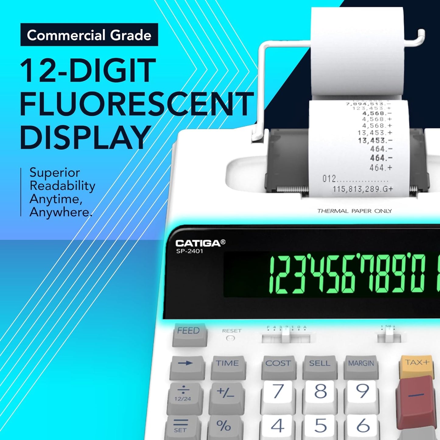 CATIGA 12 Digit Thermal Printing Calculator with Tape Print Out, Ink-Free Adding Machine, 3X Faster Quite at 8.0 LPS, Extra Large Fluorescent Display, Tax Calculation with Clock and Calendar, SP-2401