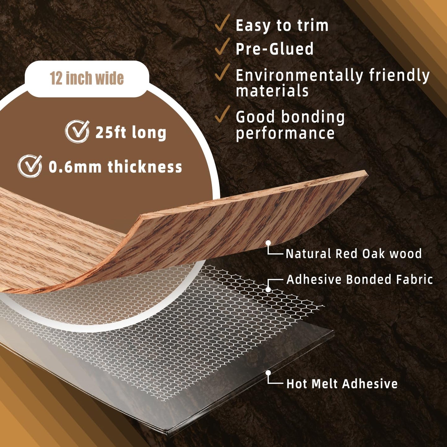 GSCIT Club Red Oak Wood Veneer, 12 inch x 25ft Wood Edge Banding Preglued Flexible, Veneer Tape Banding for Cabinet Repair Furniture