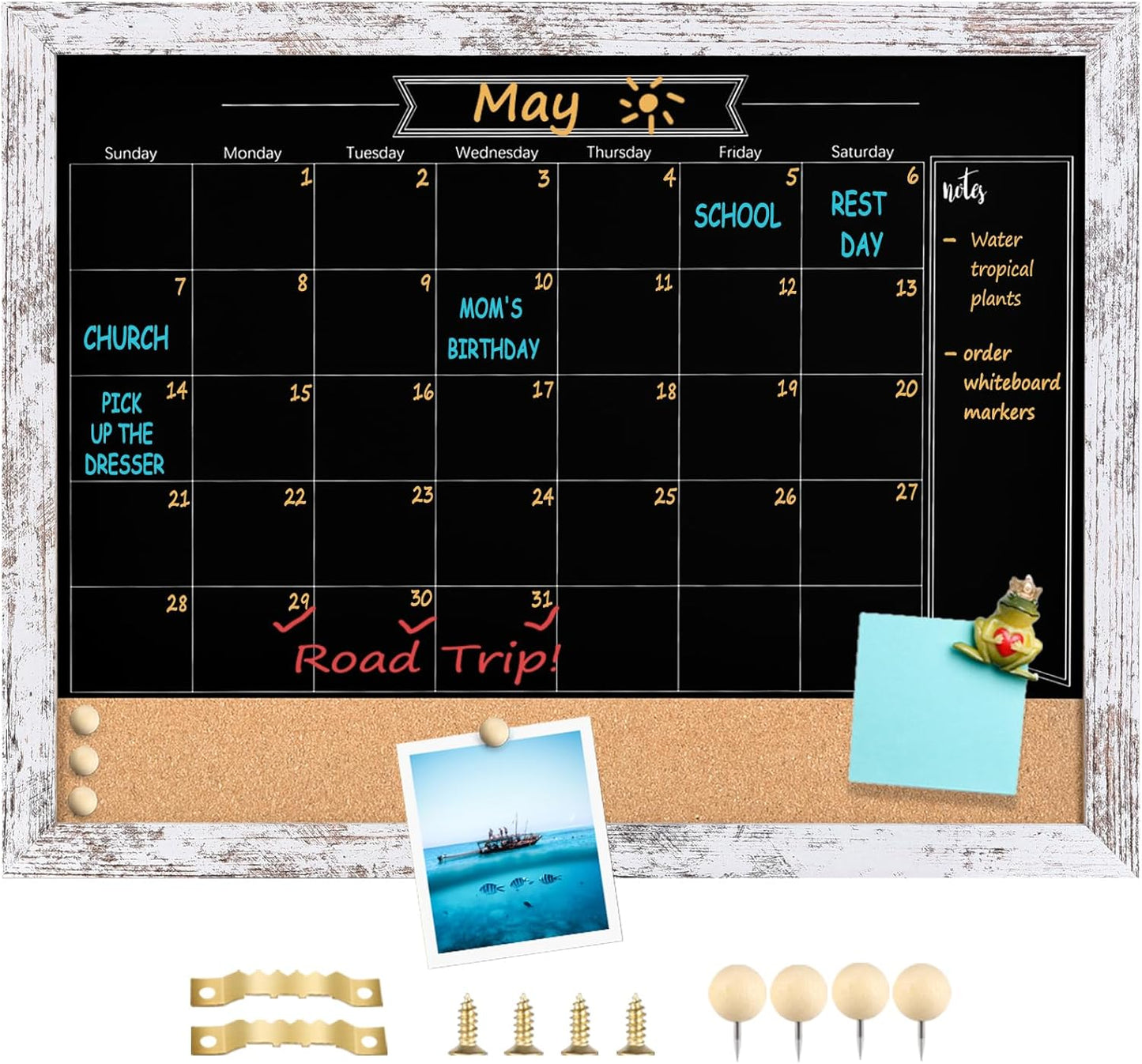 TORASO Magnetic Chalkboard Calendar Corkboard, Small Combination Chalk Board Bulletin Board, 13" x 17", Vintage White Framed Blackboard Calendar Cork Combo Board(ZHHB-Wood WH-3343)