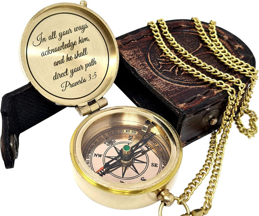 Brass Compass Engraved with Religious Scripture Verse - Ideal Gift for Son, Grandson, Daughter - Perfect for Baptism, Communion, Church and Graduation Day Present