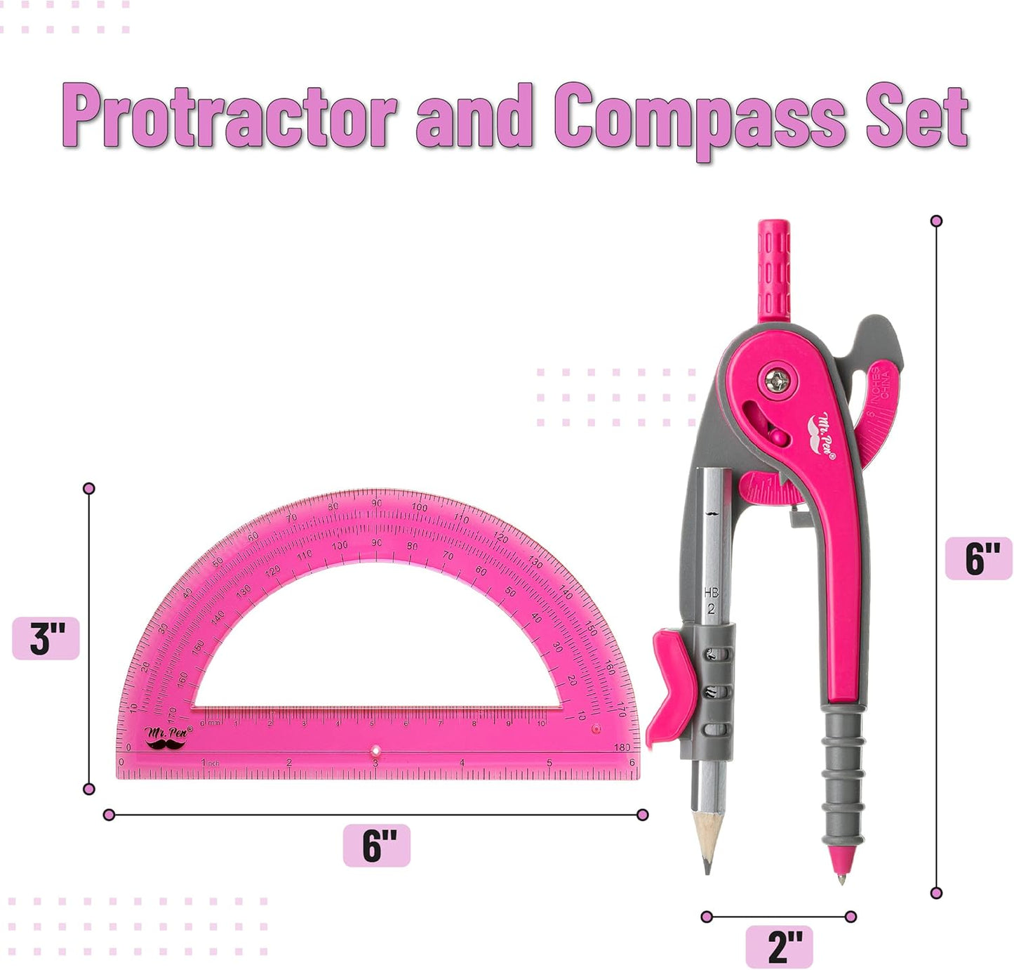 Mr. Pen- Compass and Protractor Set, Vivid Cerise, Compass Geometry Tool, Protractor and Compass Set, Compass Drawing Tool, Drawing Compass, Geometry Compass, Math Compass for Geometry
