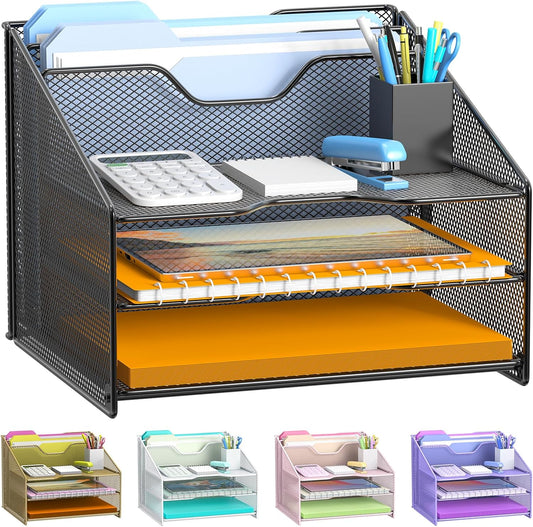 Samstar Desk File Organizer, Mesh Letter File Folder Holder with 3 Paper Trays and 2 Vertical Upright Section, for Office Supplies,Desk Accessories & Workspace,Black.