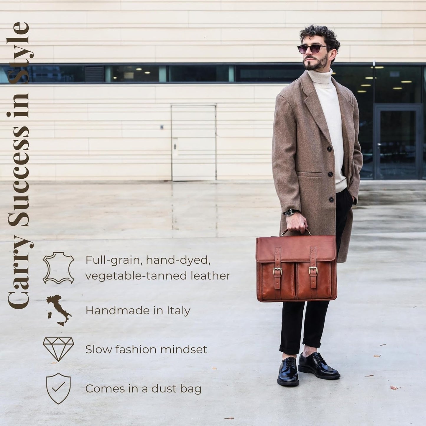 Time Resistance Leather Briefcase for Men Handcrafted in Italy Full Grain Messenger Bag for Laptop