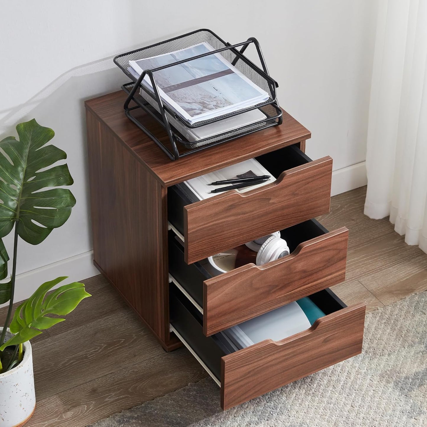 Farini 3-Drawer Under Desk Wooden File Storage Cabinet with Lockable Caster for Home Office,Brown,Required Assembly