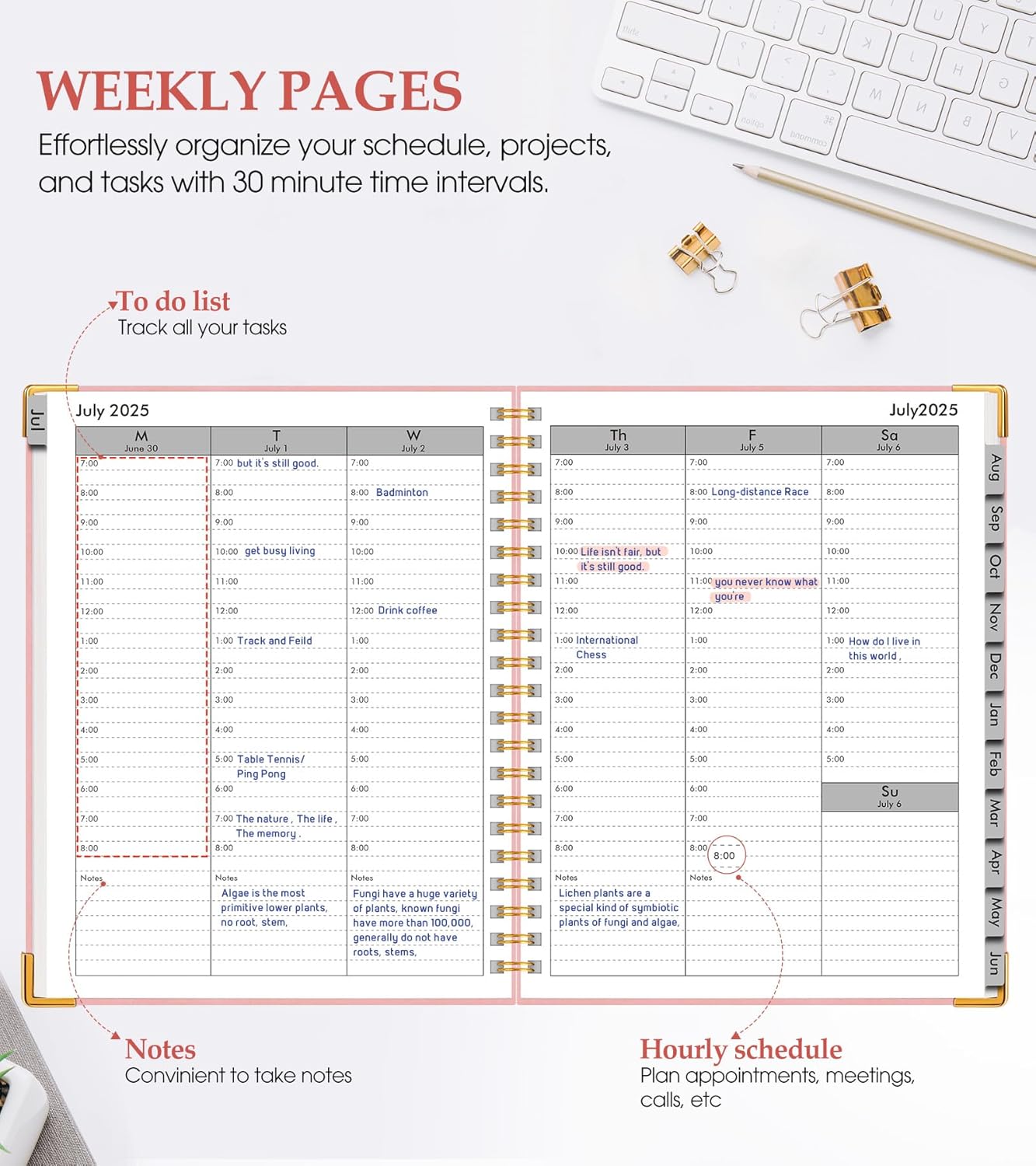 Academic Planner 2025-2026, Weekly and Monthly Calendar Planner from July 2025 - June 2026, 8.5" x 11" Hardcover Leather Hourly Appointment Book with Tabs, Spiral Daily Planners for College School Teacher Student, Pink