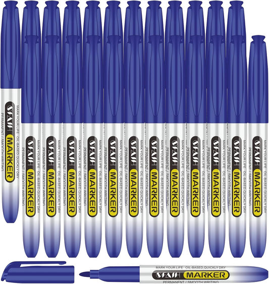 SFAIH Blue Permanent Markers Bulk - 24 Pack, 1s Quick Dry, Fine Point Permanent Markers for Paper Plastic Glass Metal Wood, Waterproof, Kitchen Classroom Office, Doodling, Marking, Non-Fading