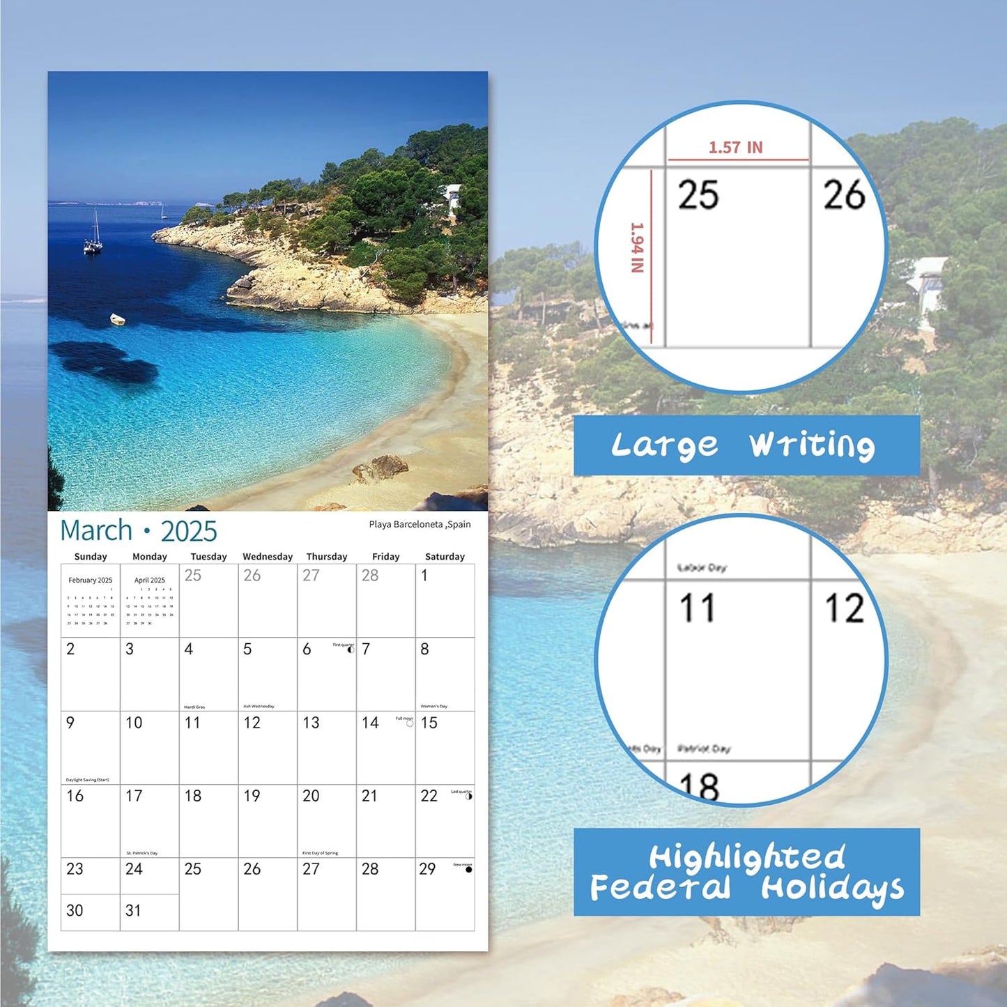 2025 Wall Calendar,Calendar 2026, July 2025 - June 2026, Wall Calendar BEACHES, 12" x 24" Opened,Full Page Months Thick & Sturdy Paper for Calendar Organizing & Planning