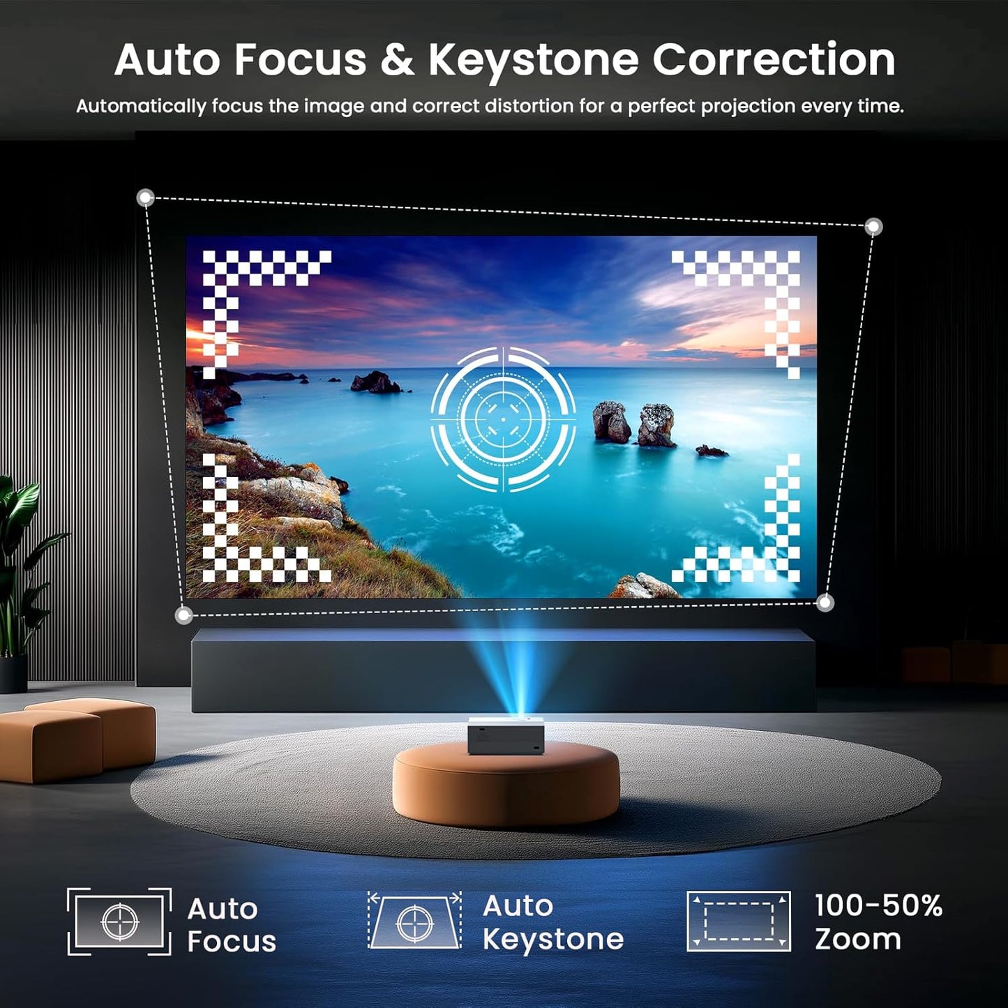 [Auto Focus & High Brightness] Outdoor Projector with WiFi and Bluetooth, Native 1080P Movie Projector, 4K Support, Auto Keystone & 50% Zoom, JOWLURK Projector Compatible with iOS/Android/TV Stick
