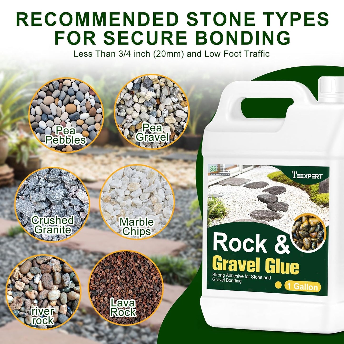 Teexpert 1 Gallon Rock Glue for Landscaping – Strong Pea Gravel Binder & Stone Adhesive for Walkways, Yards, Patios, and Driveways