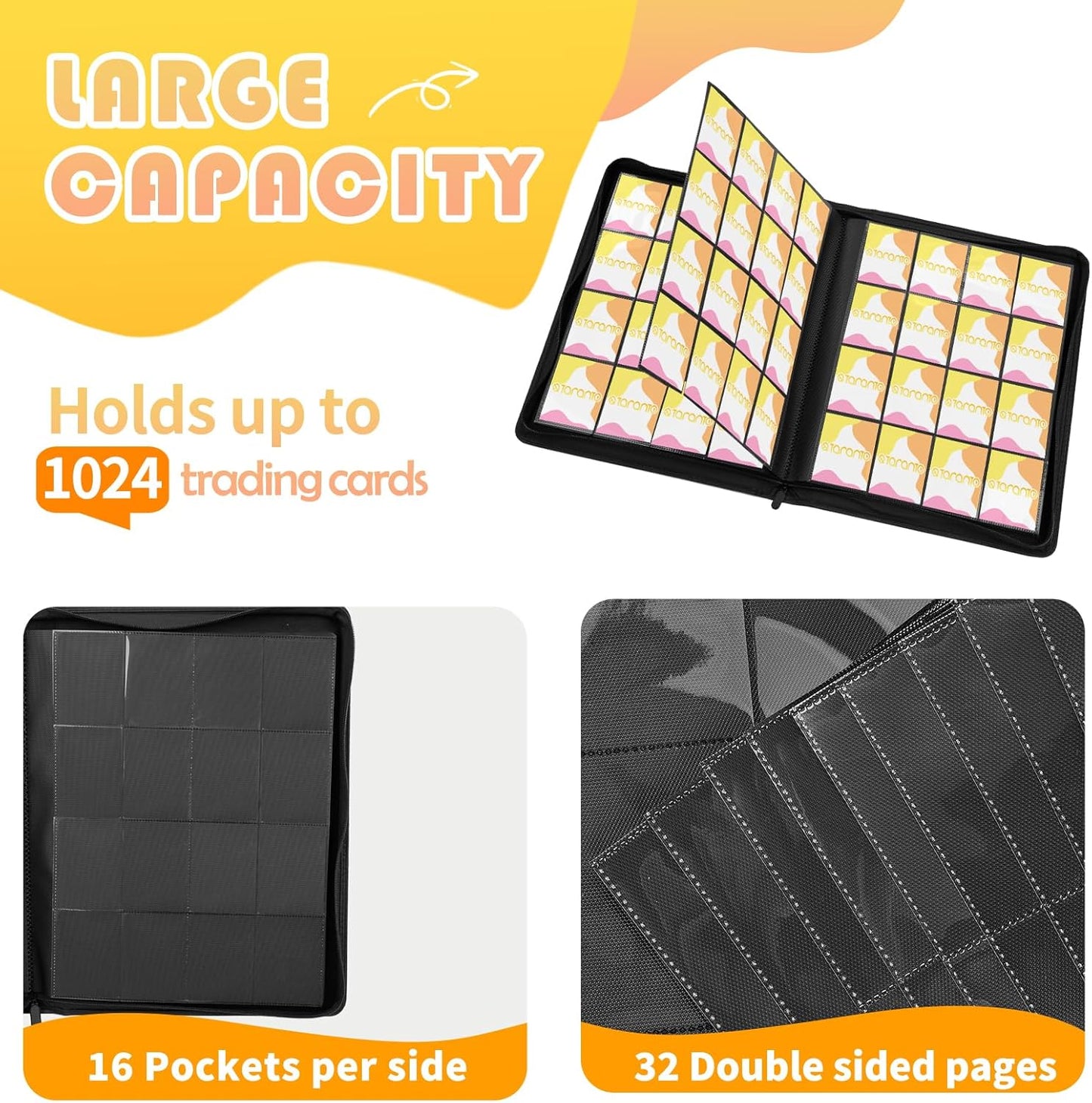 Premium 1000+ Pockets Trading Card Binder, 16-Pocket Ringless Side-Loading Album for TCG, MTG, Lorcana, Sports & Standard-Size Cards (Yellow)