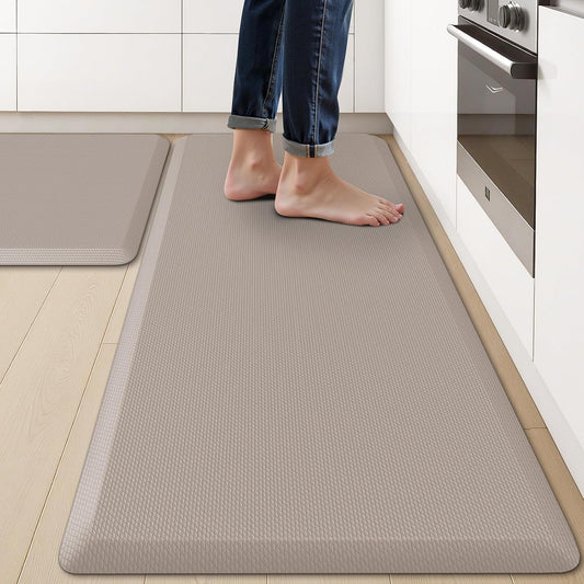 KitchenClouds 2PCS Kitchen Rugs Cushioned Anti-Fatigue Non-Slip Waterproof Kitchen Mat Comfort Foam Standing Mat for Floor Office Sink Laundry (Khaki)