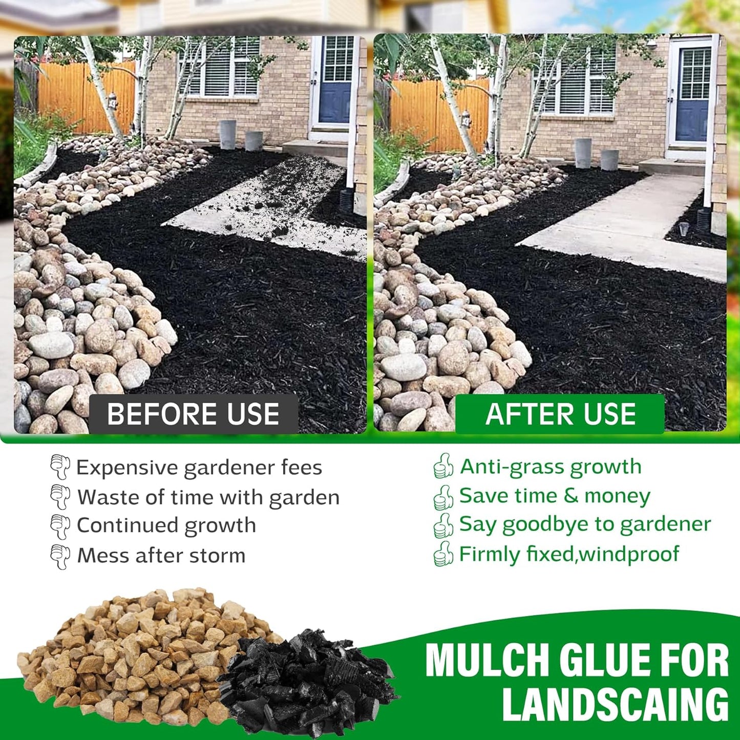 Mulch Glue - 128oz Concentrate Gravel Glue Strong Landscape Adhesive with Applicator for Landscaping, Garden - Safe Ready to Use Mulch Lock Gravel Stabilizer Glue for Pea Gravel, Rock, Leaf, Bark