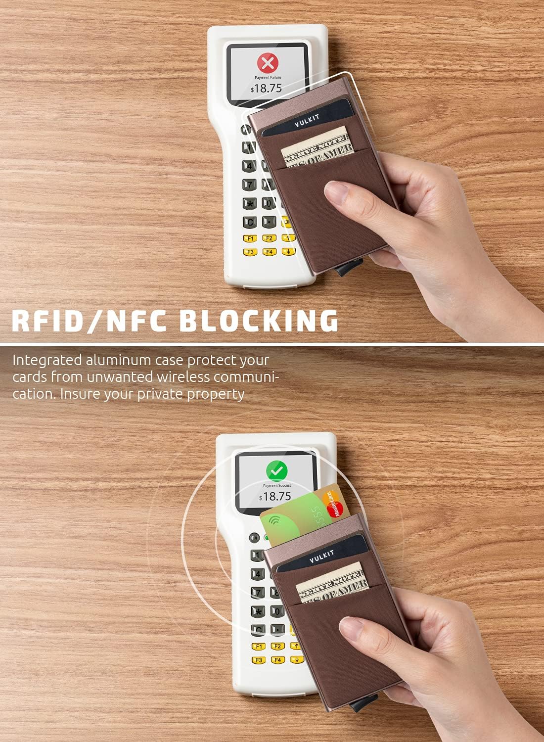 VULKIT Card Holder with Money Pocket Pop Up Wallet RFID Blocking Slim Metal Bank Card Case Holds 5 Cards and Notes