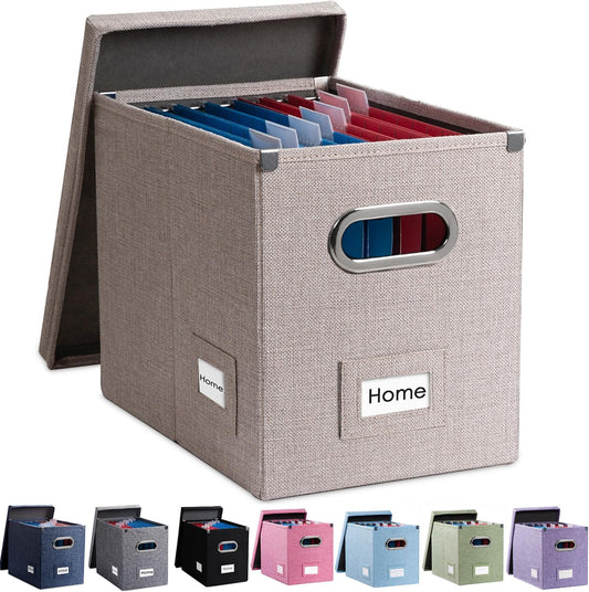 PRANDOM File Organizer Box - Set of 1 Collapsible Decorative Linen Filing Storage Hanging File Folders with Lids Office Cabinet Letter Size Light Grey (14x9.3x10.8 inch)