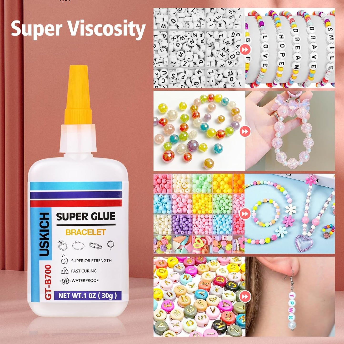 Super Glue for Jewelry Bracelet with Anti Clog Cap. 6 X 1 Fl Oz,Ca Glue - Adhesive Clear Glue for Bracelets,Necklaces,Clay Beads, Bead Charms, Punctuation Beads,Heishi Beads,Quick Dry