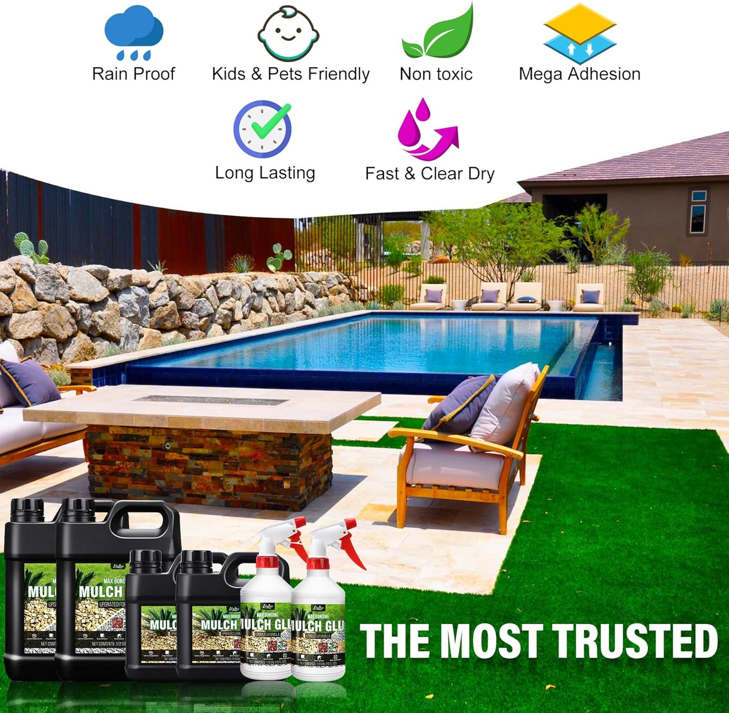 Mulch Glue - 64oz Concentrate Gravel Glue Strong Landscape Adhesive with Applicator for Landscaping, Garden - Safe Ready to Use Mulch Lock Gravel Stabilizer Glue for Pea Gravel, Rock, Leaf, Bark