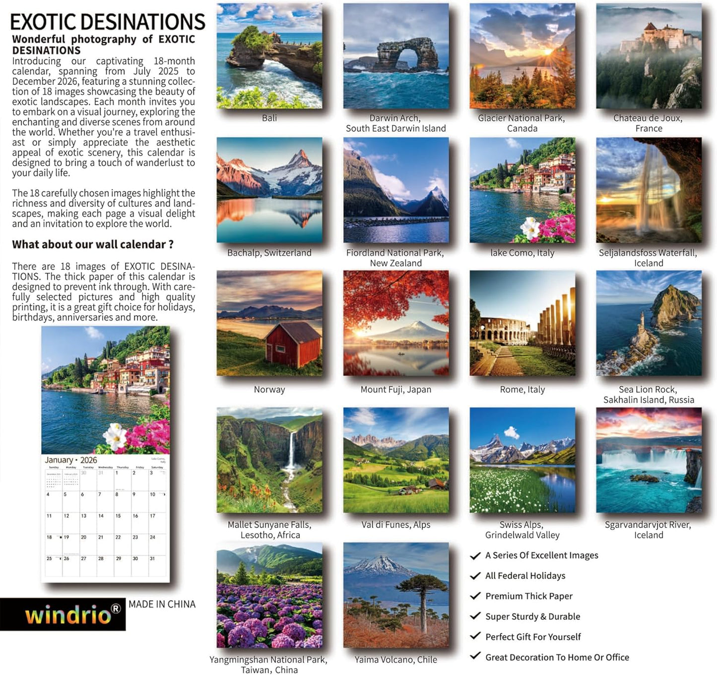 2026 Wall Calendar,Calendar 2026, July 2025 - December 2026, Wall Calendar Exotic Destinations, 12" x 24" Opened,Full Page Months Thick & Sturdy Paper for Calendar Organizing & Planning