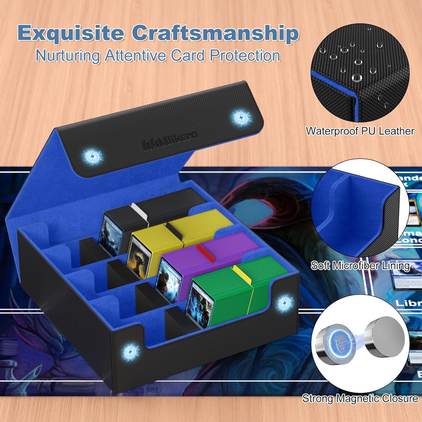Mlikero Card Deck Case, 2400+ Trading Card Storage Box with 10 Colorful Dividers and 4 Foam Stoppers, Leather Magnetic Closure Commander Deck Box Fit for MTG, TCG (4 Rows, Black&Blue)