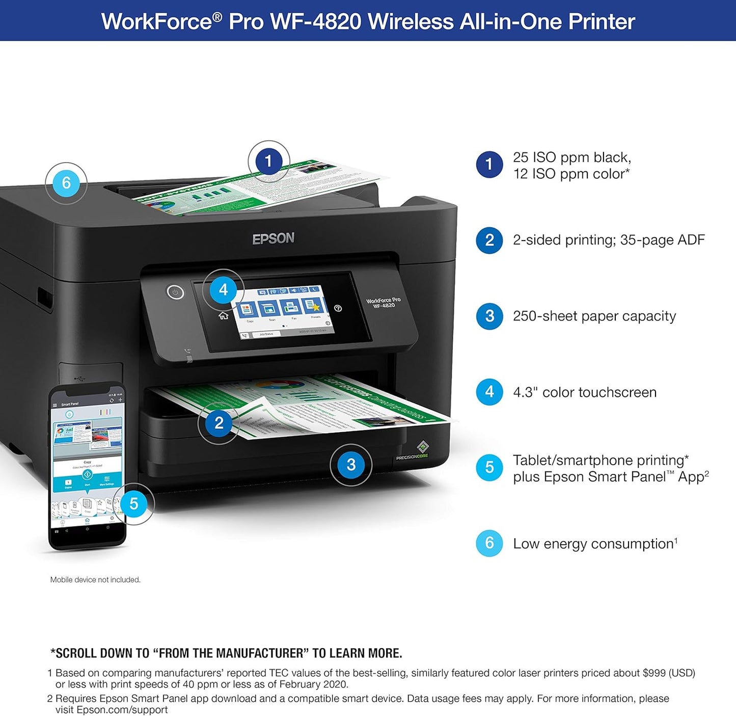 Epson® Workforce® Pro WF-4820 Wireless Color Inkjet All-in-One Printer, Black, Large & T252 DURABrite Ultra Ink High Capacity Black Cartridge (T252XL120-S) for Select Workforce Printers