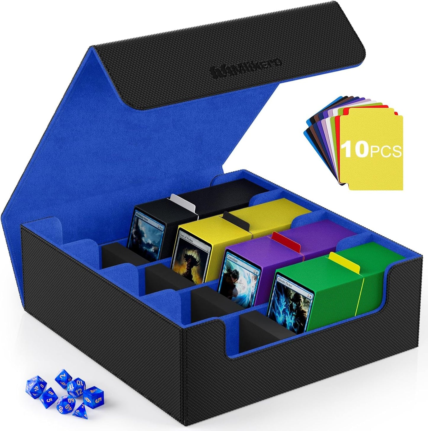 Mlikero Card Deck Case, 2400+ Trading Card Storage Box with 10 Colorful Dividers and 4 Foam Stoppers, Leather Magnetic Closure Commander Deck Box Fit for MTG, TCG (4 Rows, Black&Blue)