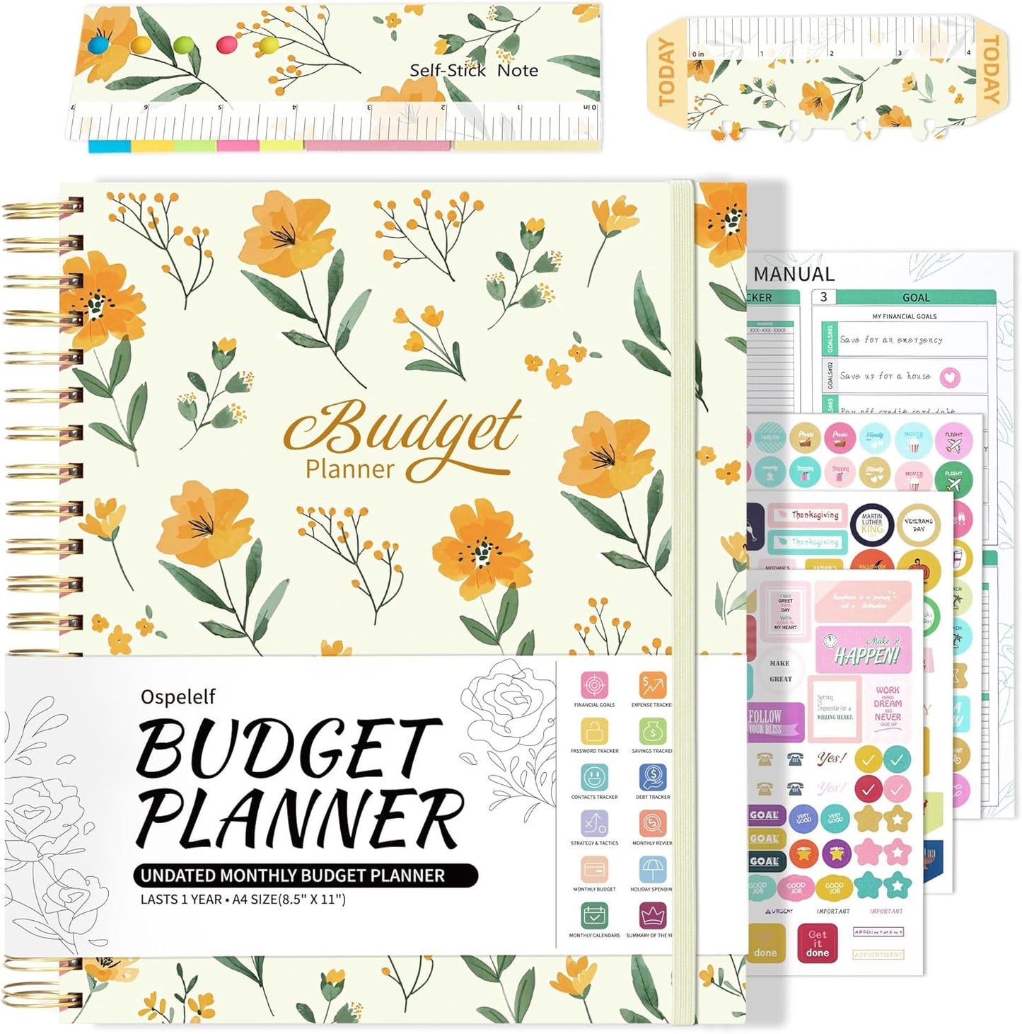 Ospelelf Budget Planner - Monthly Budget Book with Expense Tracker Notebook, Undated 12 Month Bill Organizer & Finance Planner, A4 Account Book with 12 Index Pockets, Zipper Pouch, Stickers Floral 1