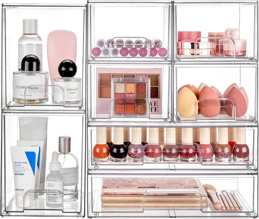 Vtopmart Stackable Storage Drawers Set of 8, Clear Plastic Organizer Bins for Bathroom Supplies,Ideal for Cabinet,Pantry,Laundry Room Organization