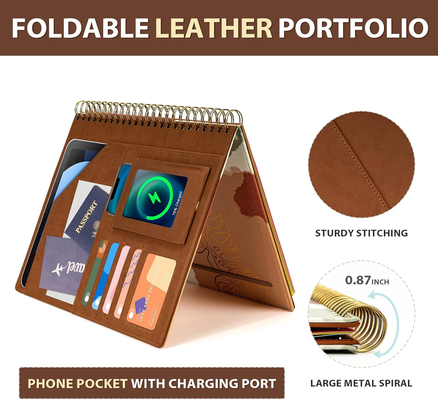 Clipboard with Storage for Men Women, Leather Padfolio Portfolio Organizer 5 Folders with 10 Pockets, Spiral Clipboard Folio with Notepad for Letter Size, Elastic Closure and Pen Loop Brown