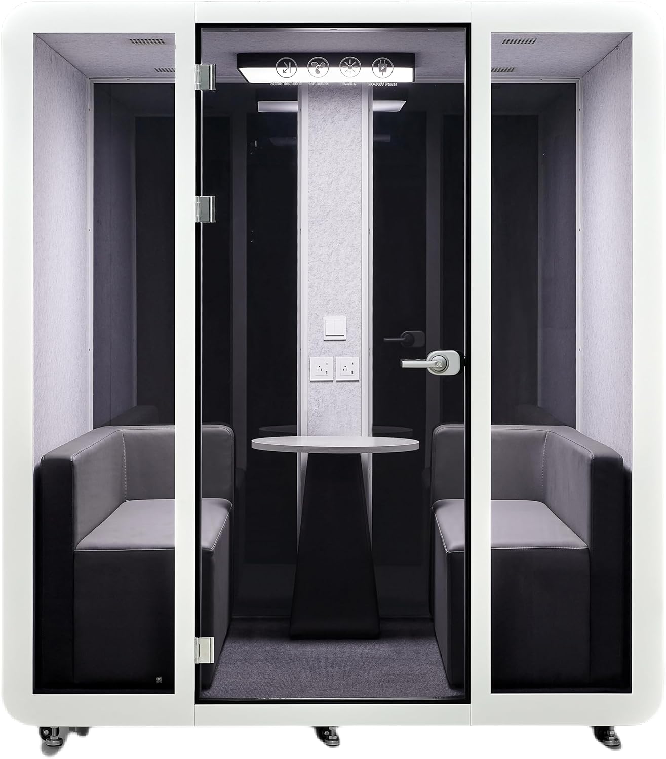 Mobile Office Pod Booth, Sound Pod, Large Space SoundProof Pod 4-6 People, Sound Booth Mobile Roller, LED Lighting, Centrifugal Fans and AC USB Ports Large Size for 4-6 Persons White/Smoked Glass