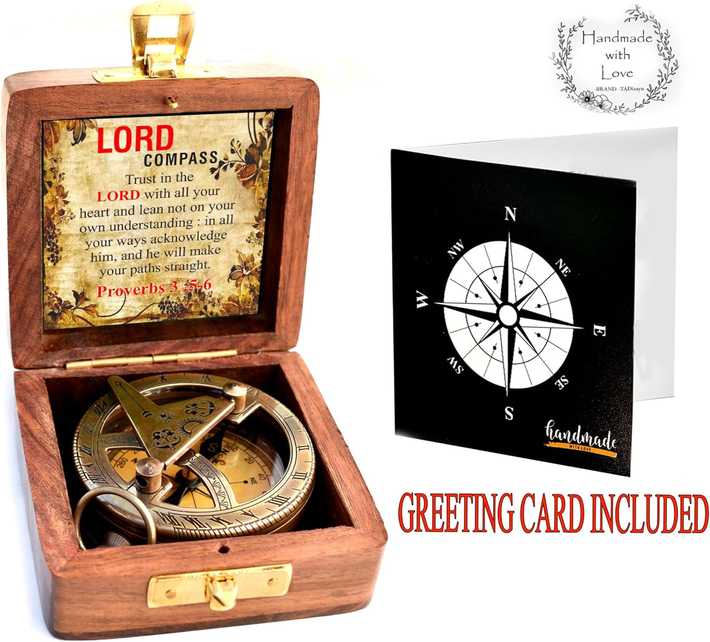 Trust in The Lord With All Your Heart - Proverbs 3:5-6 Quote Engraved Compass With Wooden Box, Greeting Card, Gift Compass, Graduation Day Gifts 2024 for Women Men Boys Girls