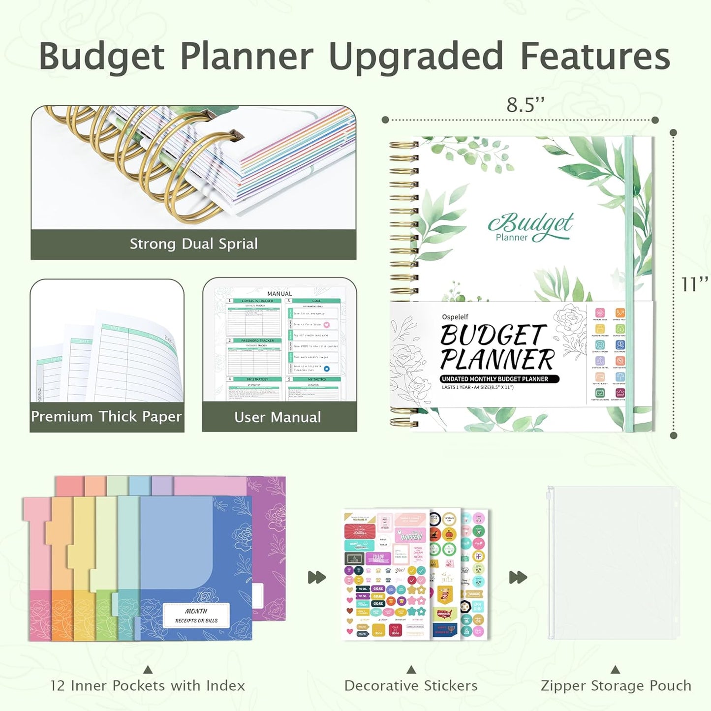 Ospelelf Budget Planner - Monthly Budget Book with Expense Tracker Notebook, Undated 12 Month Bill Organizer & Finance Planner, A4 Account Book with 12 Index Pockets, Zipper Pouch, Stickers(Green)