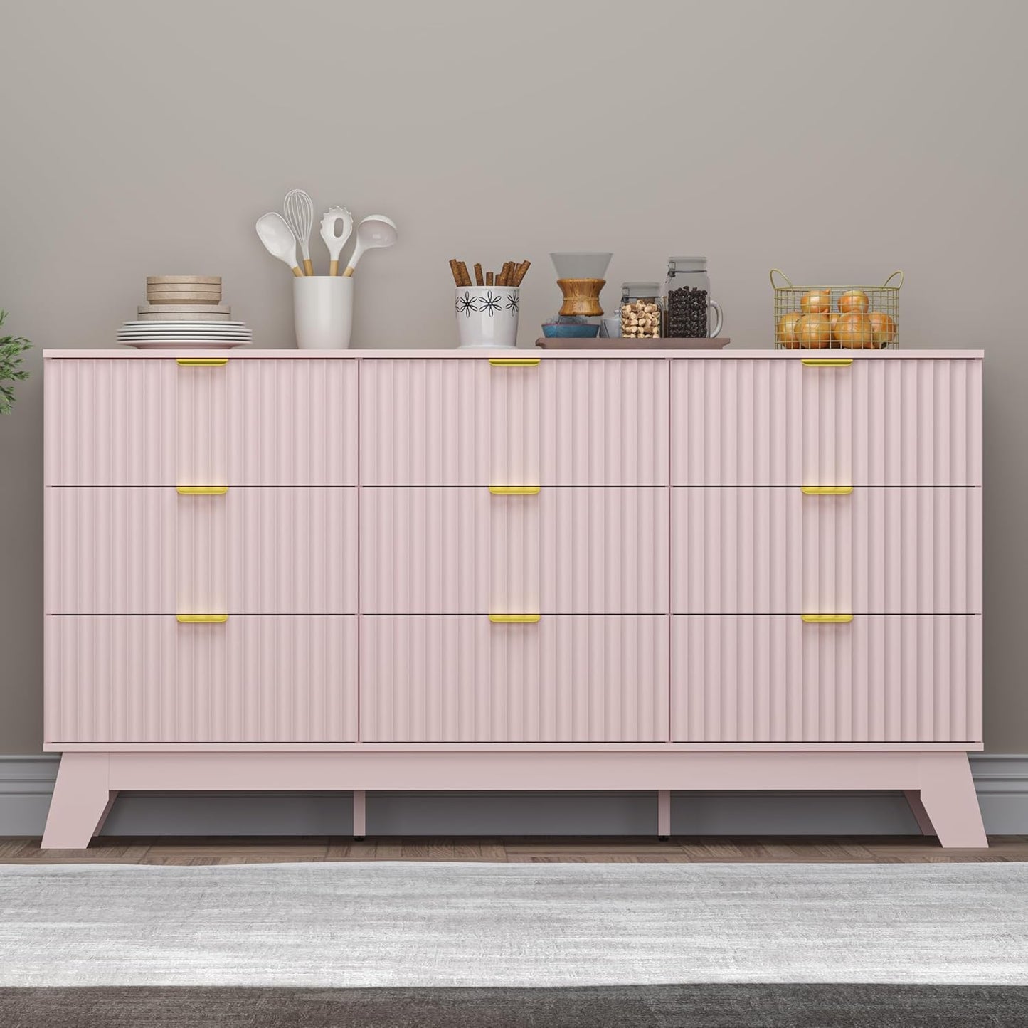 Fluted 9 Drawer Dresser, 57.1" Wide Modern Boho Chest of Drawers, Wooden Storage Dresser TV Stand for Bedroom, Living Room, Closet, Hallway, Curved Profile Design