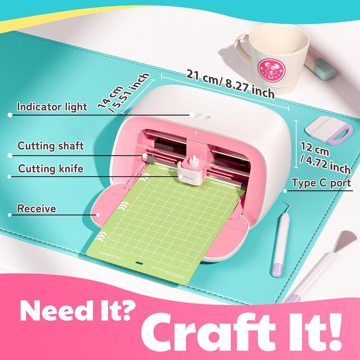 Likcut Vinyl Cutter Machine, Upgrade Cutting Machine Glee S501 for DIY Joy, Portable Smart Cutting Tool for Crafter, Sticker Decal Maker Printing for Family & School Fun Projects and Decorations, Pink