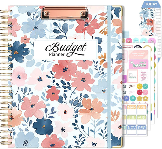 Ospelelf Undated Budget Planner with Clipboard Large Weekly Monthly Account Planners with Stickers 12 Months Productivity Aesthetic Journey Blue Floral