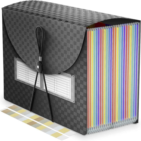 25 Pockets Accordion File Organizer Expanding File Folders,Expandable Document Organizer Plastic Accordian Filing Folder,A4/Letter Size Paper,Portable File Box,2 Tabs, Upgraded Grid Pattern