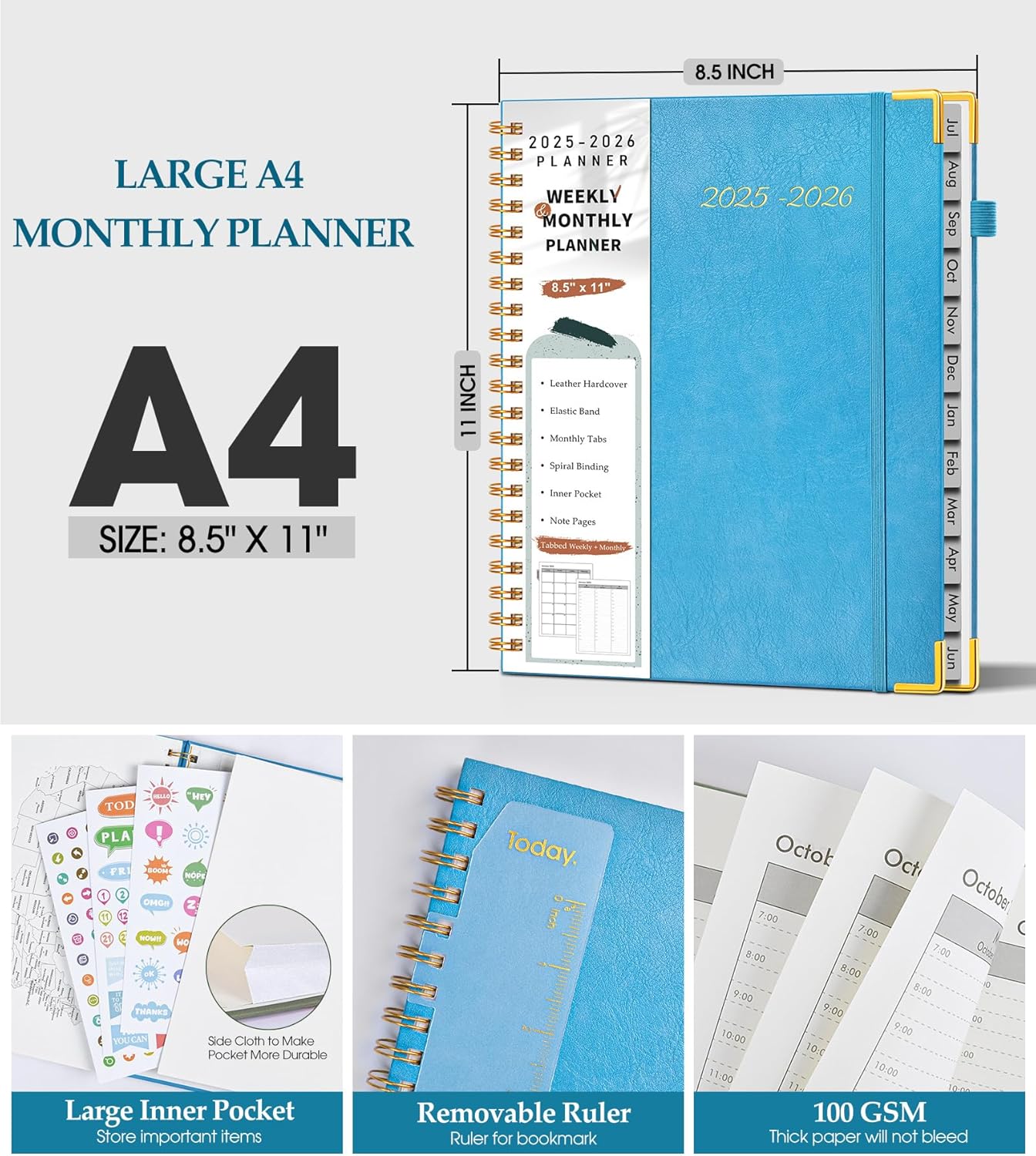 Academic Planner 2025-2026, Weekly and Monthly Calendar Planner from July 2025 - June 2026, 8.5" x 11" Hardcover Leather Hourly Appointment Book with Tabs, Spiral Daily Planners for College School Teacher Student, Sky Blue