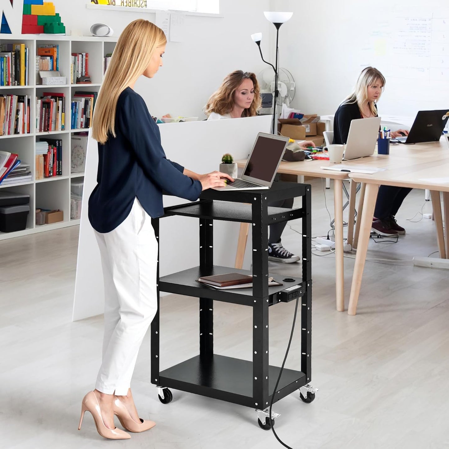 DWVO AV Cart with Wheels and Power 16.4ft Extra-Long Cord, Metal Presentation Cart with Keyboard Tray, Rolling Large Media Carts with 2 Locking Brakes, Easy to Assemble, Black