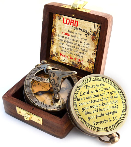 Trust in The Lord With All Your Heart - Proverbs 3:5-6 Quote Engraved Compass With Wooden Box, Greeting Card, Gift Compass, Graduation Day Gifts 2024 for Women Men Boys Girls