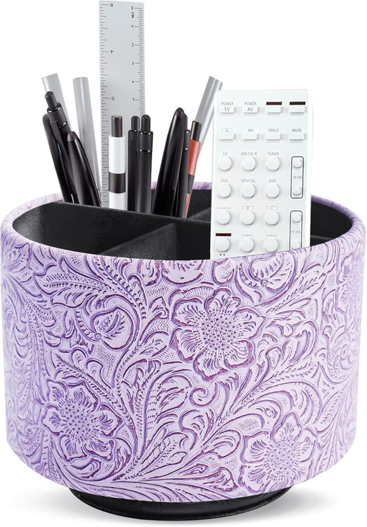lizimandu Round Leather Art Supply Organizer,Remote Control Holder,360 Degree Spinning,Multi-Functional Pencil Holder,4 Compartments Desktop Stationary Organizer(1-Carved Puple)