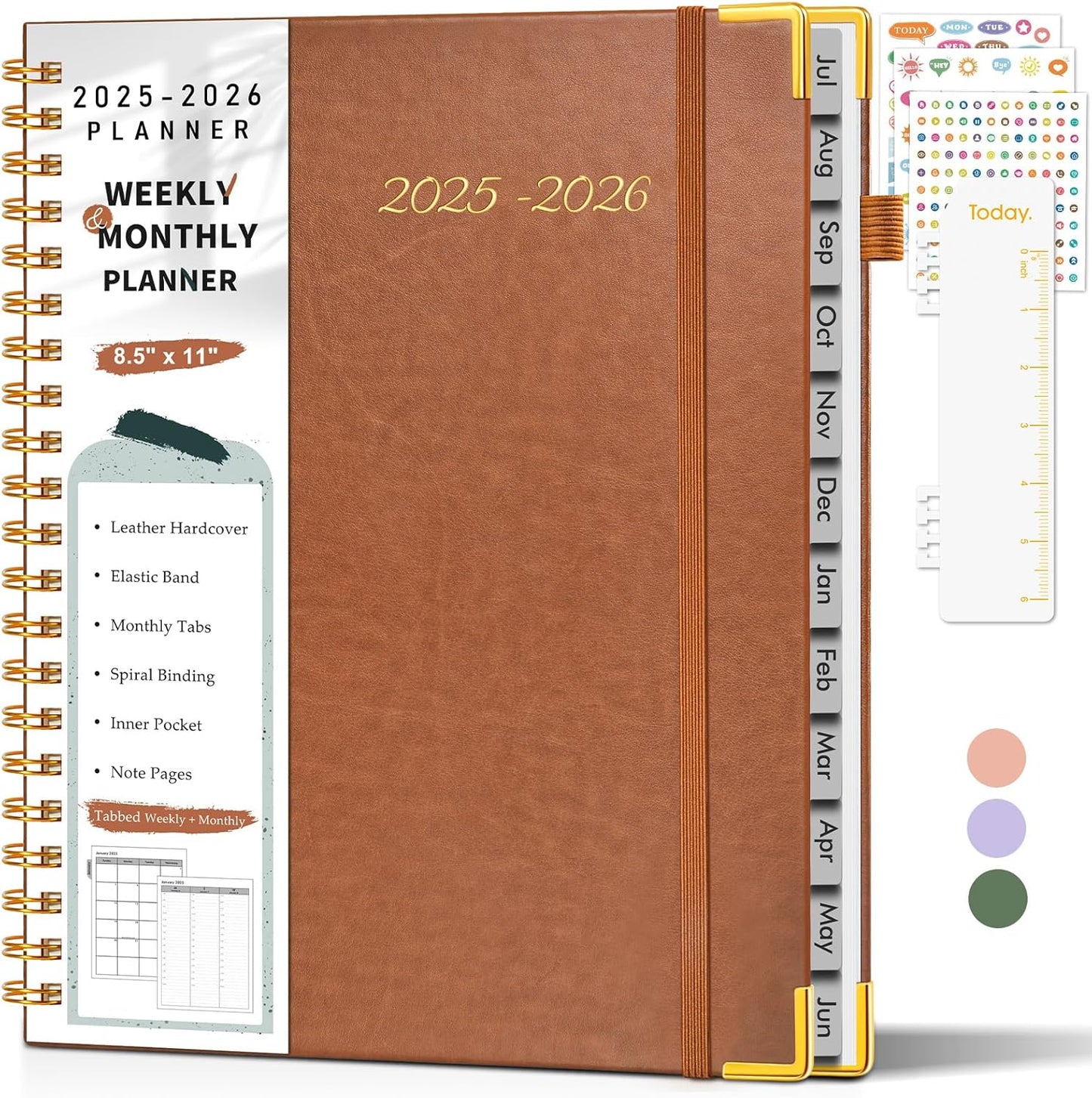 Academic Planner 2025-2026, Weekly and Monthly Calendar Planner from July 2025 - June 2026, 8.5" x 11" Hardcover Leather Hourly Appointment Book with Tabs, Spiral Daily Planners for College School Teacher Student, Brown