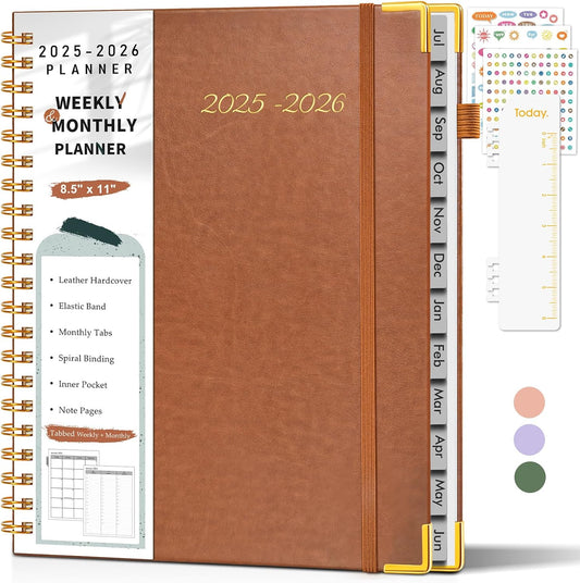 Academic Planner 2025-2026, Weekly and Monthly Calendar Planner from July 2025 - June 2026, 8.5" x 11" Hardcover Leather Hourly Appointment Book with Tabs, Spiral Daily Planners for College School Teacher Student, Brown