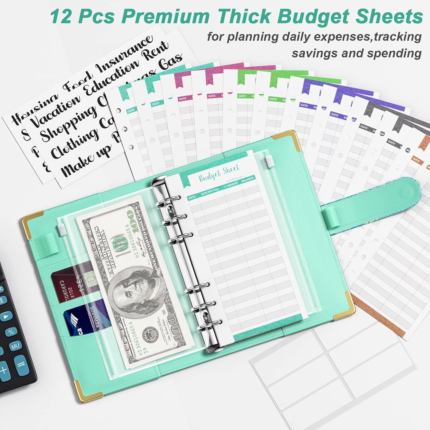 Rnivvi Budget Binder with Zipper Envelopes, A6 Money Saving Binder Cash Envelopes for Budgeting, PU Leather Planner Money Organizer for Cash Bills, Cute Marble System Wallet for Women, Ocean Blue