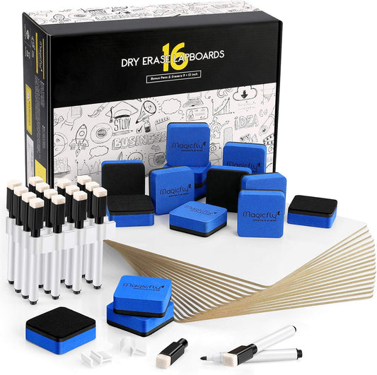 Magicfly Double-Sided Small White Board for Classroom, 9 x 12 Inches Dry Erase Lap Boards, Bulk Pack of 16 Mini White Board for Student, Teachers, Office, with 16 Pens, 16 Erasers & 16 Pen Clips