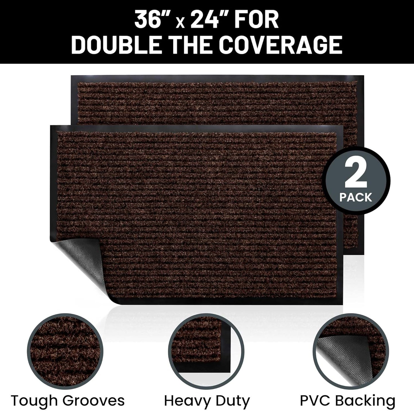 Sierra Concepts 2-Pack Front Door Mat - Large 36 x 24 Welcome Indoor Outdoor Entryway Mats for Shoe Scraper, Ideal for Inside Outside High Traffic Area, Dark Brown