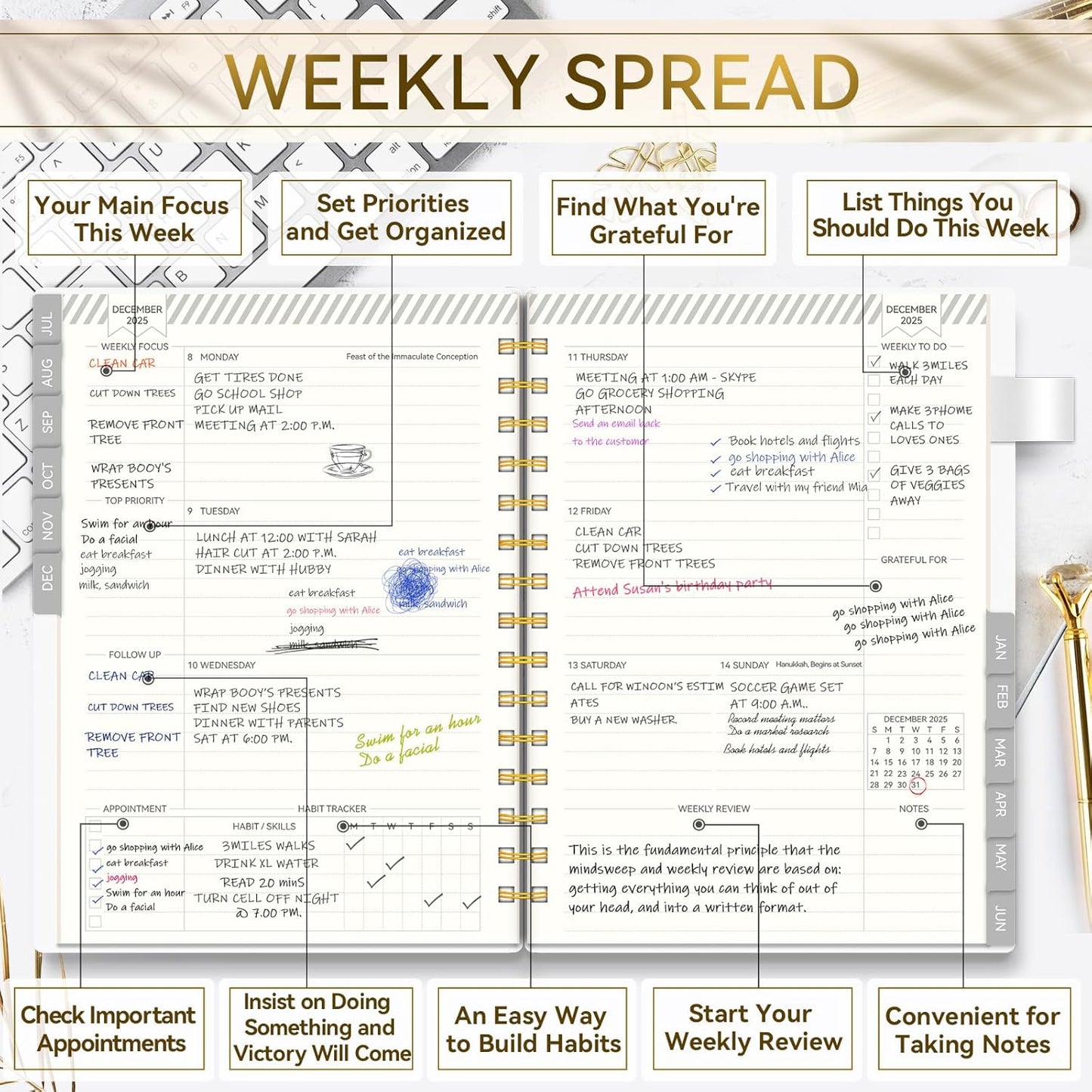Planner 2025-2026, Weekly and Monthly Planners run from Jul.2025 - Jun.2026, AIMPEAK Calendar Planner with Monthly Tabs, White Marble, 5.5"x8.5"