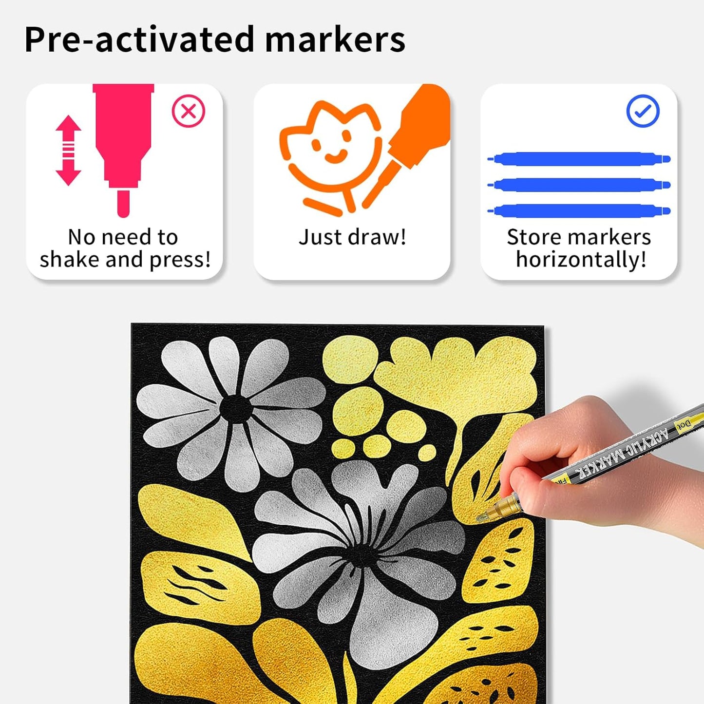 NAWOD 6 Gold and Silver Acrylic Paint Pens Markers, with Fine Tip and Medium Tip, for Rock Painting, Fabric, Canvas, Glass, Wood, Paper, DIY, Ceramic, Paint Markers for Kids and Adults